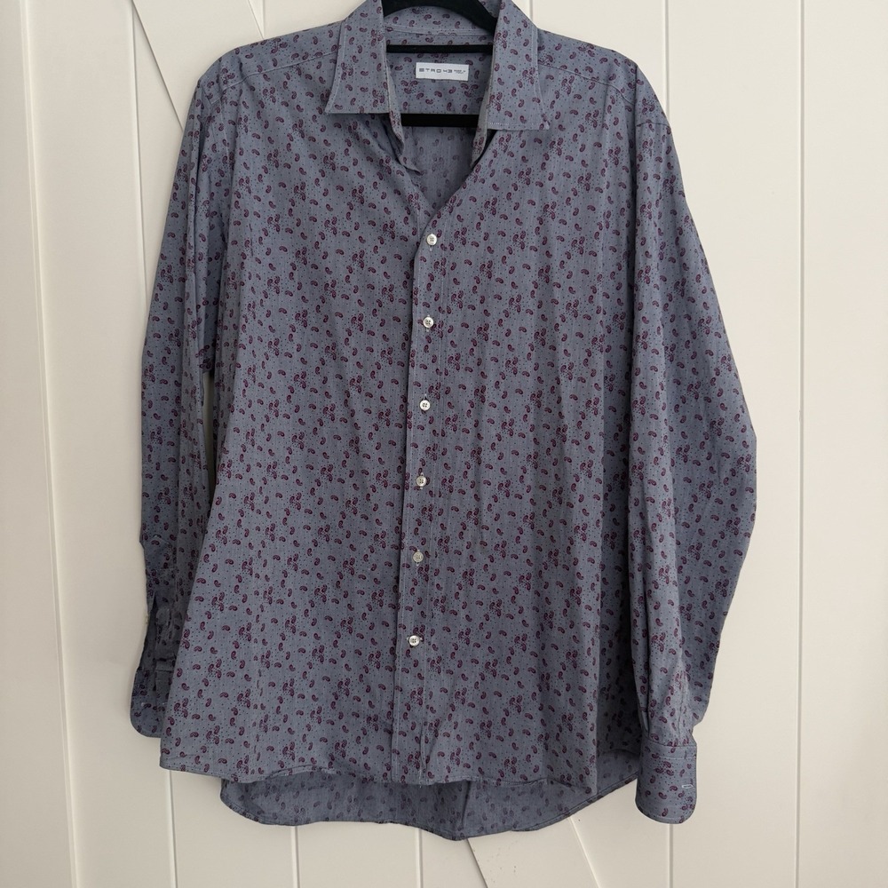 Etro Shirt Mens XL Paisley Woven Cotton Long Sleeve Point Collar Crisp Button-Up